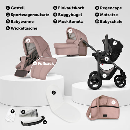 Bergsteiger Capri 3-in-1 Combination Pushchair - Baby Carrier, Sports Seat & i-Size Baby Seat, Pneumatic Tyres, Suspension, Height-Adjustable Handle, Foldable, Accessories