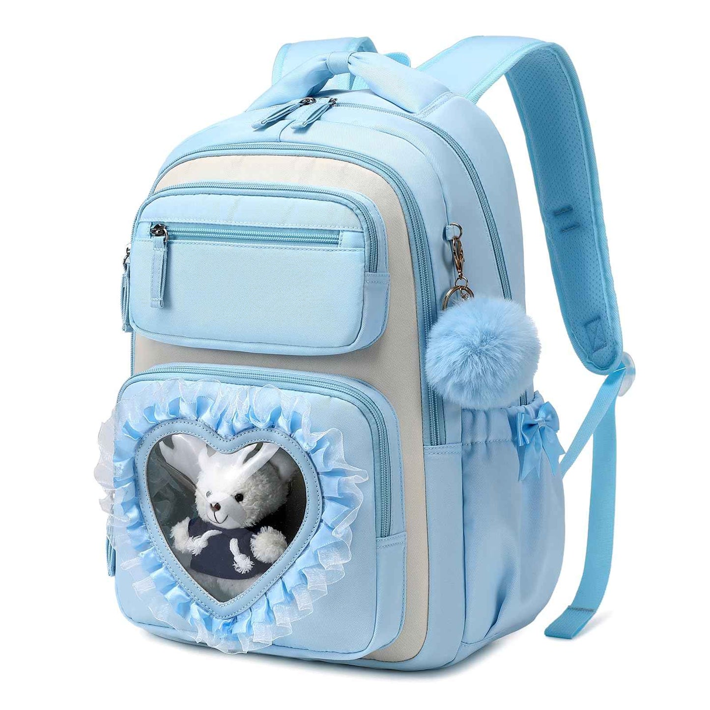 Schulrucksack Mädchen Herzdesign 22L mit Gepäckgurt für Schule | Spitze & Schleifendetails, Ergonomische 3D-Rückenpolsterung, wasserabweisendes Polyester, zahlreiche getrennte Fächer