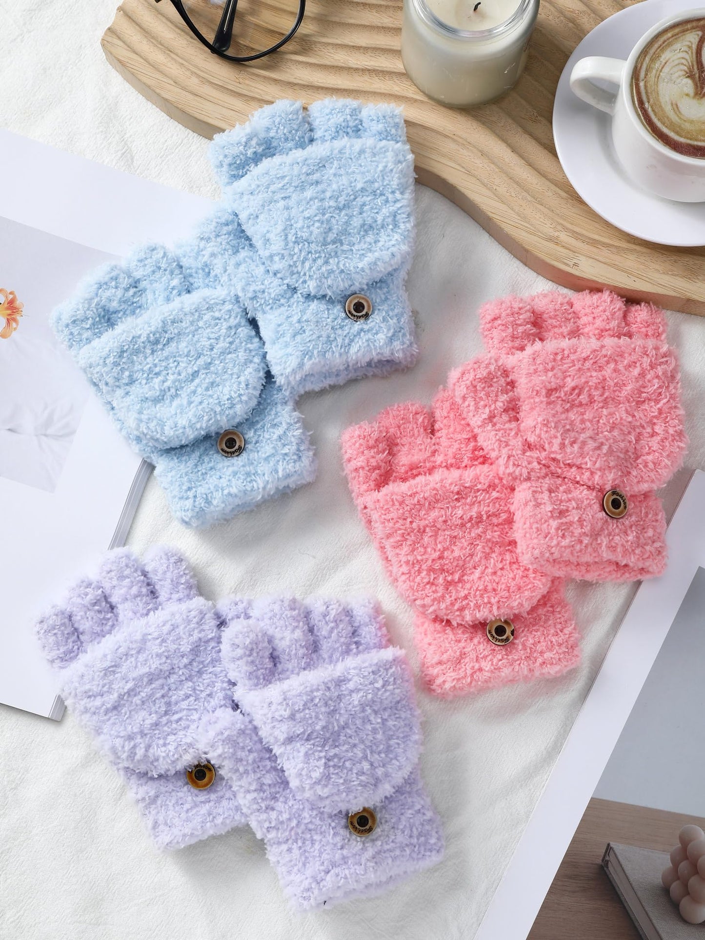 Geyoga 3er Pack Fingerlose Handschuhe mit Klappe Damen Winter Halbfinger Fäustlinge Handschuhe für Kinder