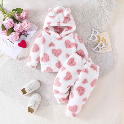 Kunyeah 2pcs Baby Girls Fleece Clothing Toddler Plush Pullover Sweatshirt Newborn Long Sleeve Top Trousers Set Warm Hoodies Outfit
