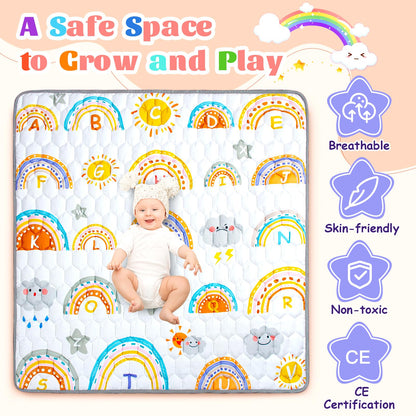 Funsland Krabbelteppich für Baby, Rutschfeste Baby Spielmatte Schadstofffrei 127x127cm, Baumwolle Tier Krabbelmatte Baby Faltbar mit Einem Höhenlineal, Kinder Spielmatte für Innen/Außen/Zaun