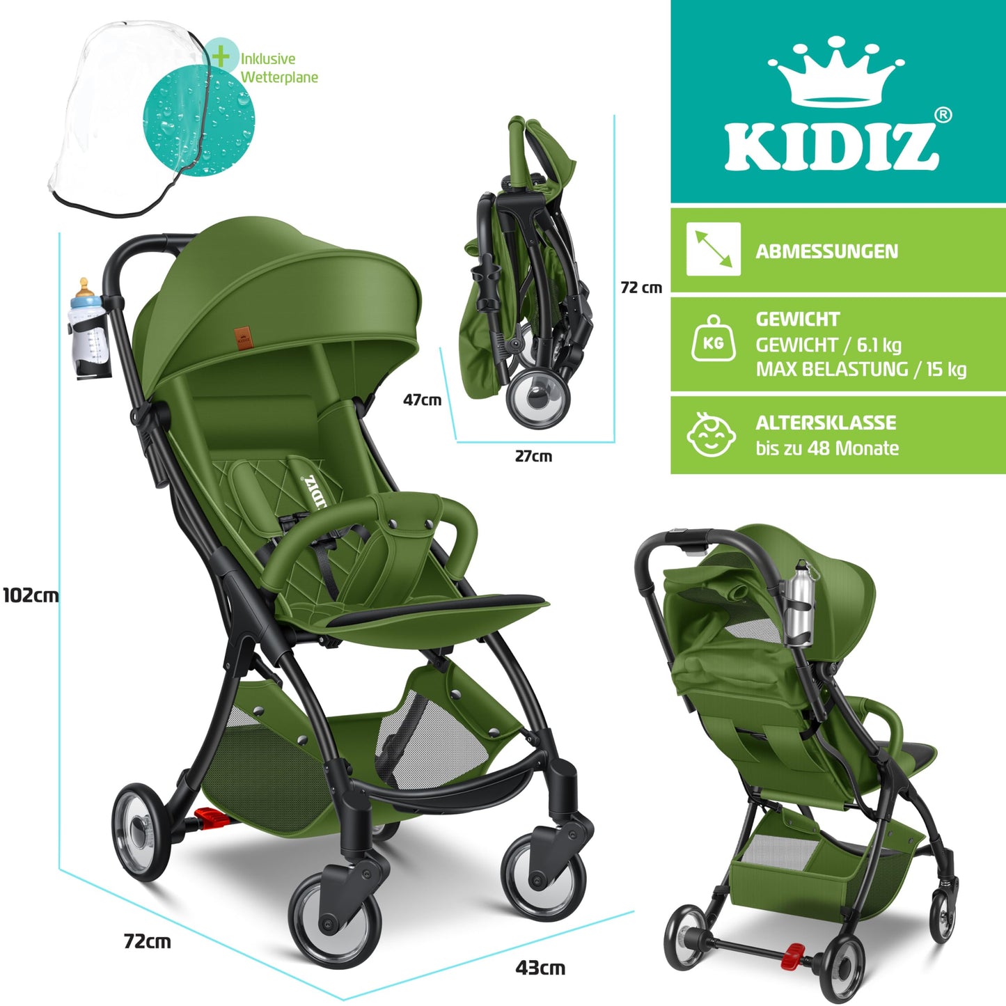 KIDIZ® Folding Pushchair, Sports Pram, 360° Wheels, 5-Point Harness, incl. Drinks Holder, Rain Cover, Adjustable Backrest and Sun Canopy, Red