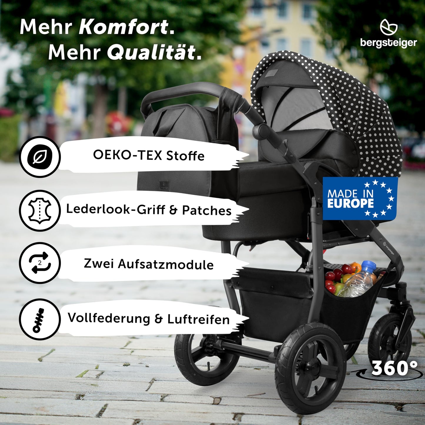 Bergsteiger Capri 3-in-1 Combination Pushchair - Baby Carrier, Sports Seat & i-Size Baby Seat, Pneumatic Tyres, Suspension, Height-Adjustable Handle, Foldable, Accessories