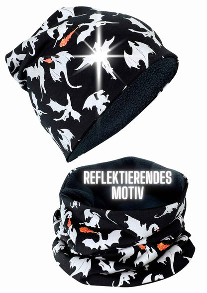 Heckbo 360° Reflector Children's Hat & Loop Scarf Set, Many Designs, 2–8 Years, 95% Cotton, Soft & Easy-Care Stretch Material, for Boys, Girls, Beanie for Spring, Summer, Autumn, Winter