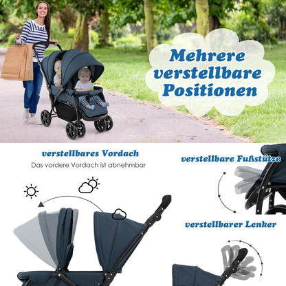 COSTWAY Folding Double Pushchair, Twin Pushchair with Adjustable Backrest and Hood, Travel Buggy with Reclining Function, Twin Buggy Pushchair for Baby from 6 Months, 30 kg Load Capacity (Grey)