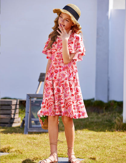Arshiner Kleider für Mädchen Schmetterlingsärmel Kleid Kinder A-Line Swing Kleid Rundhals Sommerkleid Baumwollekleid Festlich Partykleid Hochzeit Lässige Kinderkleidung mit Tasche