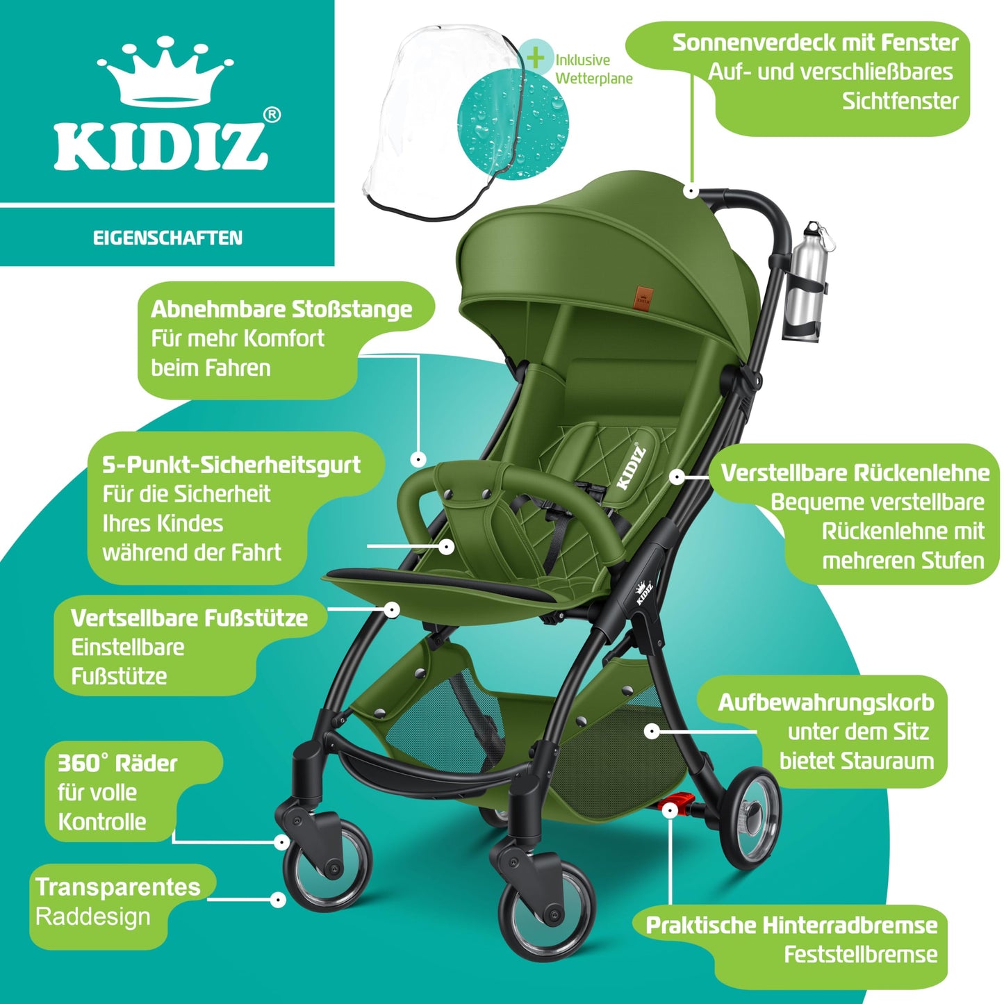 KIDIZ® Folding Pushchair, Sports Pram, 360° Wheels, 5-Point Harness, incl. Drinks Holder, Rain Cover, Adjustable Backrest and Sun Canopy, Red