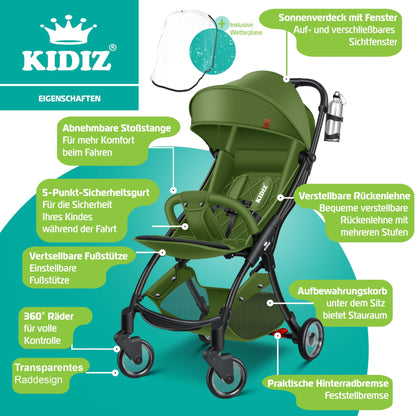 KIDIZ® Folding Pushchair, Sports Pram, 360° Wheels, 5-Point Harness, incl. Drinks Holder, Rain Cover, Adjustable Backrest and Sun Canopy, Red