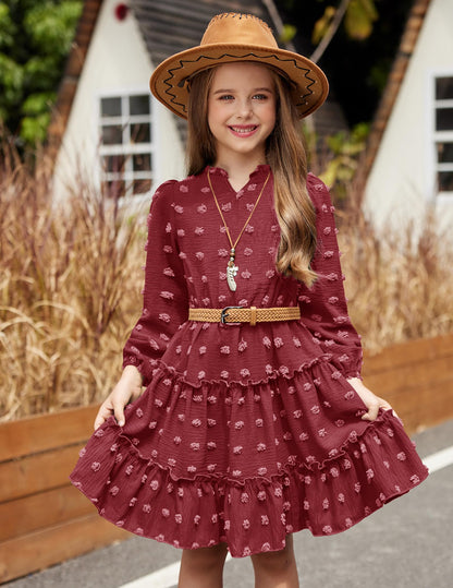Arshiner Dress Girls Festive Flounce V-Neck Long Sleeve Dress Swiss Dot Chiffon Dress Children Tiered Dress A-Line Party Dress Wedding Princess Dress Swing Skater Dress 5-12 Years 