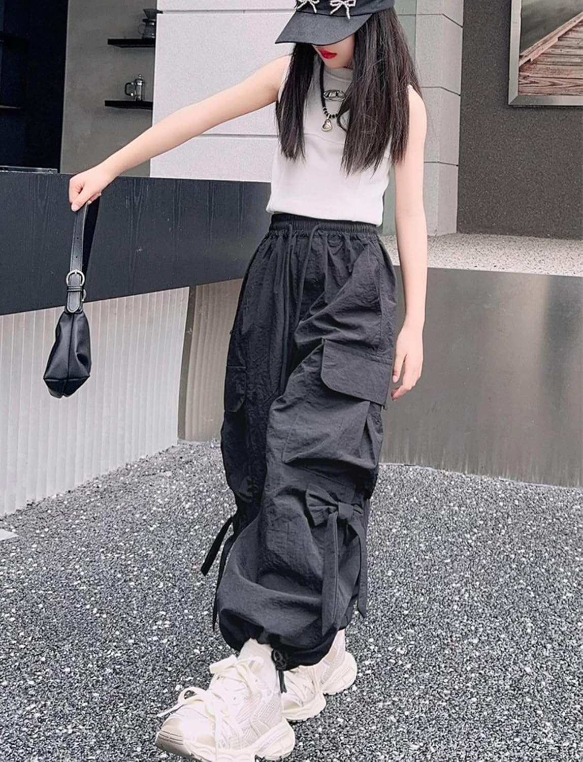 Cargo Hose Mädchen Freizeithose Baggy Hip Hop Hose mit Gummibund Schleife Leicht Dünn Sommerhose 4 Taschen Freizeit Streetwear Kinder 5-14 Jahre