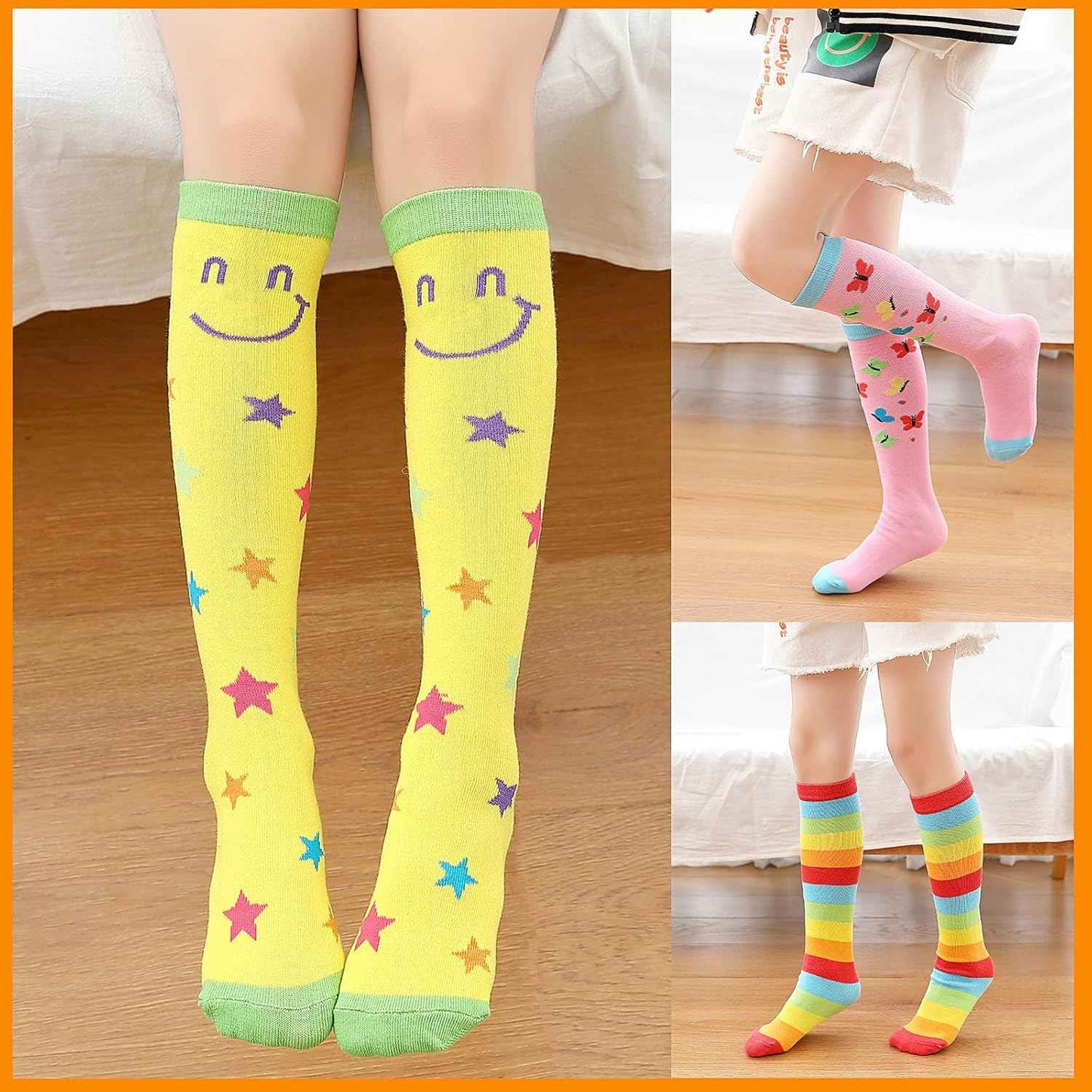 XEPST 6 Pairs Girls Knee Socks - Cartoon Design Warm Cotton Knee Socks Mid-Calf Boots Socks Funny Socks for School Odd Socks Day 3-12 Years Girls One Size Rainbow, rainbow