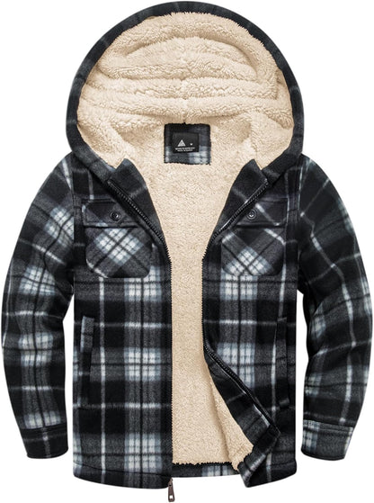 zitysport Shirt Jacket Boys Thick Hoodie Checked Jacket Children with Zip Warm Flannel Jacket Boys Sweat Jacket Outdoor Fleece Jacket Winter Jackets for Boys with Chest Pocket