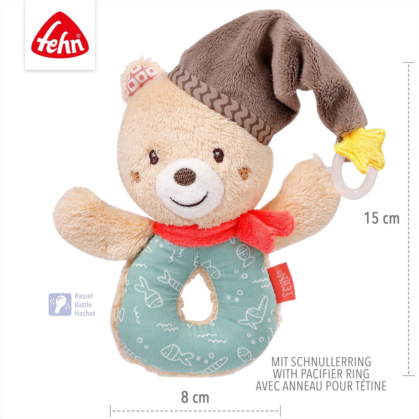 Fehn Baby Ring Greifling Lama - Kuscheltier Babyspielzeug mit Rassel - Motorikspielzeug für das spielerische Lernen - Plüschtier als Einschlafhilfe - Spielzeug für Babys & Kleinkinder ab 0+ Monaten