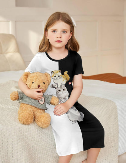 Arshiner Nachthemd Mädchen Kurzarm Pyjamas Kinder Schlafkleid Katze Einhorn Rundhals Nachtkleid 4-12 Jahre