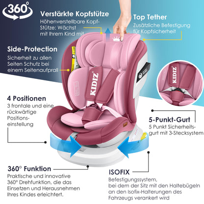 KIDIZ® Kindersitz Baby Autositz Kinderautositz Isofix Top Tether 360° drehbar Gruppe 0/1/2/3 ab Geburt 0-36kg Mit Sonnenschutzdach Seitenschutz 5 Punkt Gurt Kopfstützenverstellung ECE R129 Grau - Meloni2