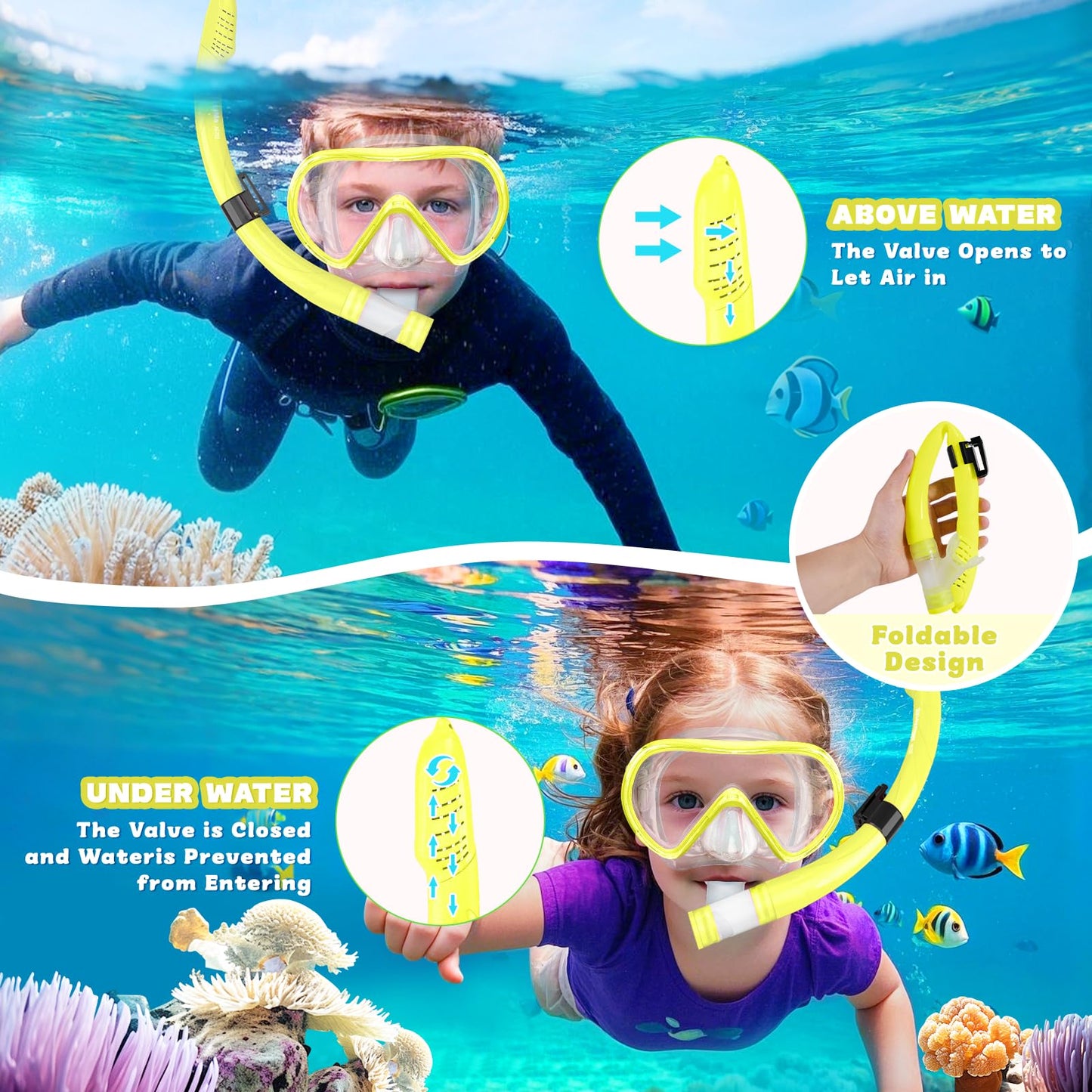 SkrekuiMa Taucherbrille Kinder | Schwimmbrille Kinder Schnorchelmaske Anti-Fog Anti-Leck | Tauchmaske Kinder 180°Panorama HD Tempered Glas für Kinder 4-12 Jahre Jungen Mädchen