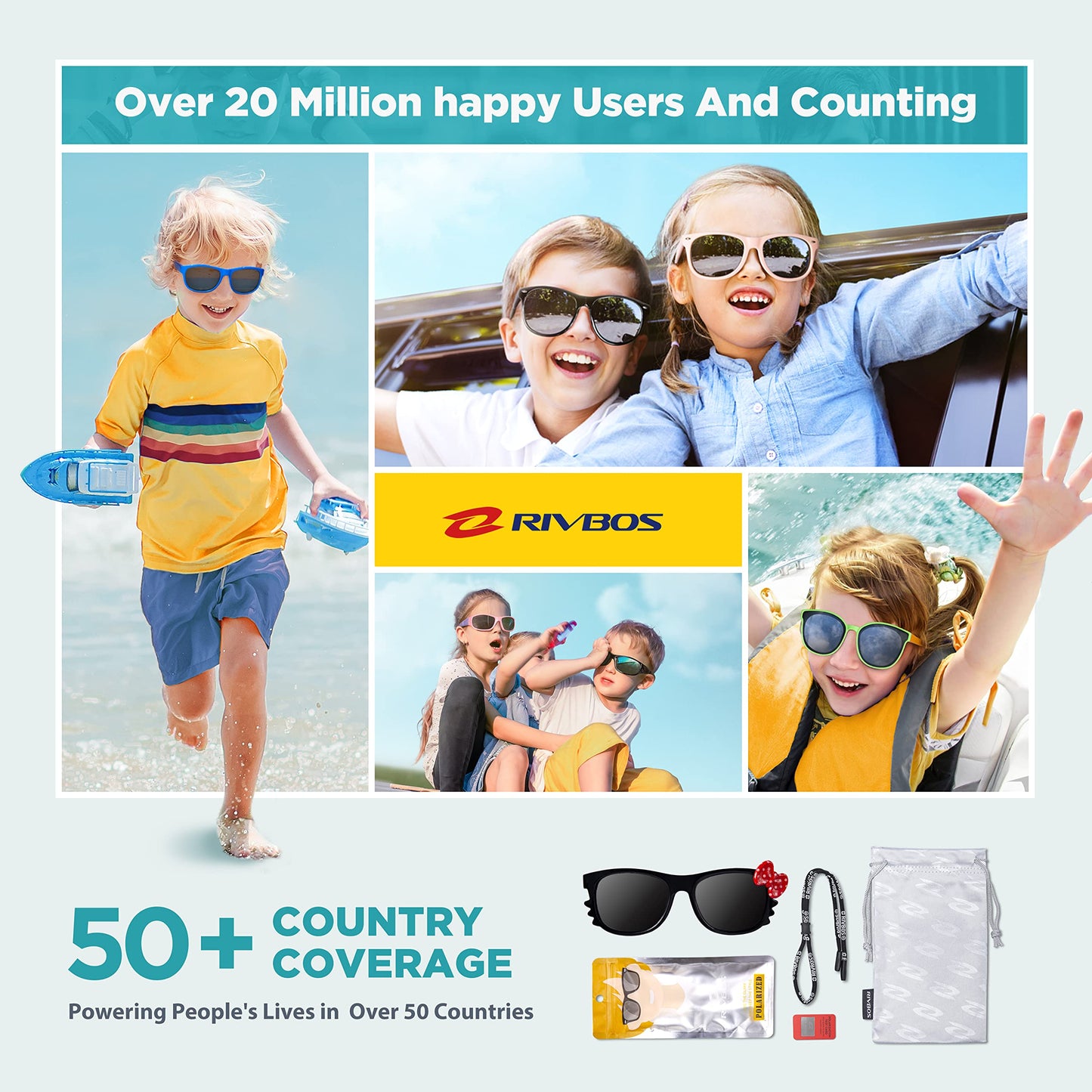 RIVBOS Rubber Sunglasses Children's Polarised UV400 Protection Flexible Glasses with Strap Boys Girls Baby and Children Age 3-10 RBK002-1