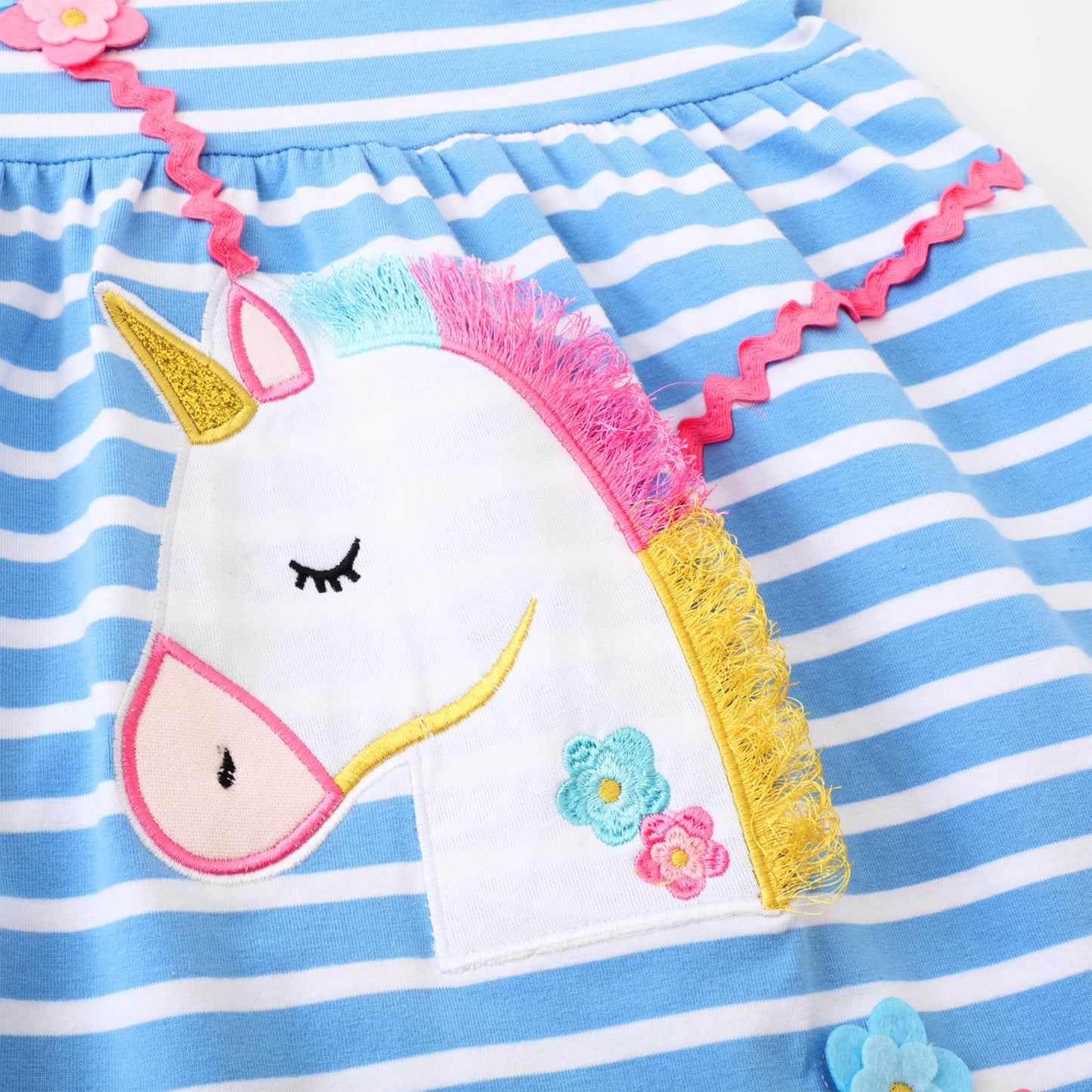 JinBei Mädchen Kleid Baumwolle Rundhals Rüschen Ärmellos Lässige Einhorn Cartoon-Applikationen Blau/Weiße Gestreift Kleidung Kinder Sommer Party Festliches Prinzessin A-Linie Kleider Gr. 98-128