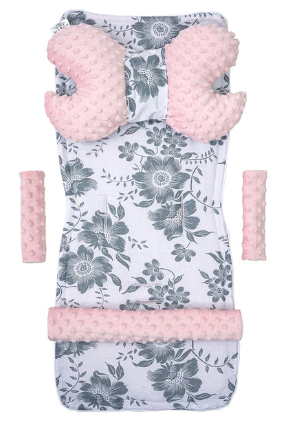 Sitzauflage Kinderwagen Buggy Baby Sommer Kindersitz Einlage Universal - 5tgl Gurtpolster + Spielbogen Kinderwagenset Babyschale (Safari mit beige Minky)
