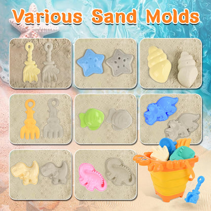 Euakee Sand Toy for Children, 11 Pieces Sand Toys with Foldable Bucket, Sanity Toy Set, Sand Toy Beach, Sandpit Toy for Children 3 4 5 6 7 Years (Orange)