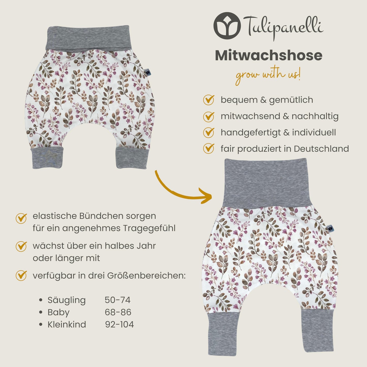 Baby Baggy Trousers, Girls' Handmade Cotton Jersey Grow Trousers, Sizes 50-74, 68-86, 92-104 (Wild Flowers, 50-74)