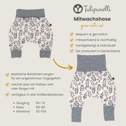 Baby Baggy Trousers, Girls' Handmade Cotton Jersey Grow Trousers, Sizes 50-74, 68-86, 92-104 (Wild Flowers, 50-74)