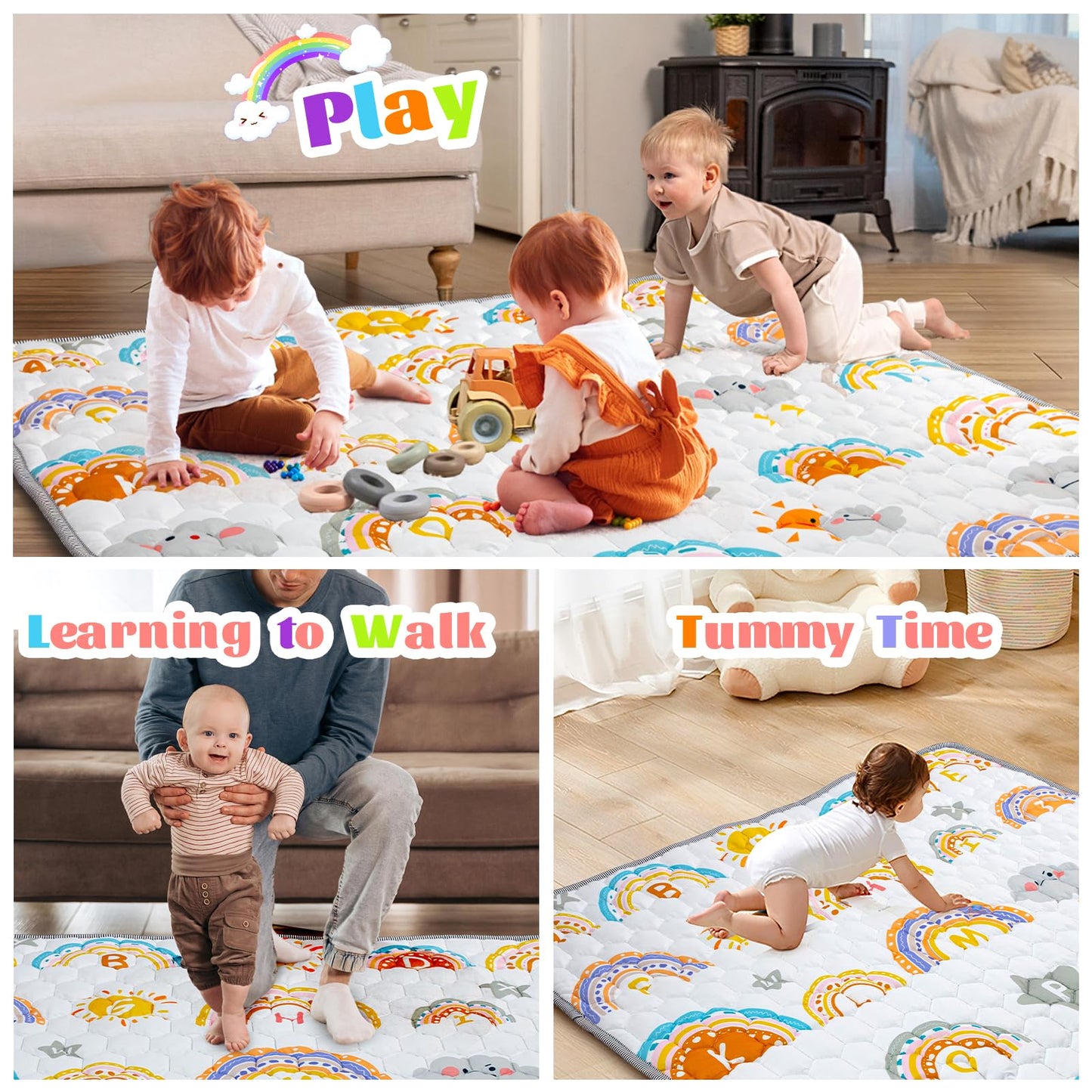 Funsland crawling carpet for babies, non-slip baby play mat, non-toxic 127x127cm, cotton animal crawling mat for babies, foldable with a height ruler, children's play mat for indoors/outdoors/fences 