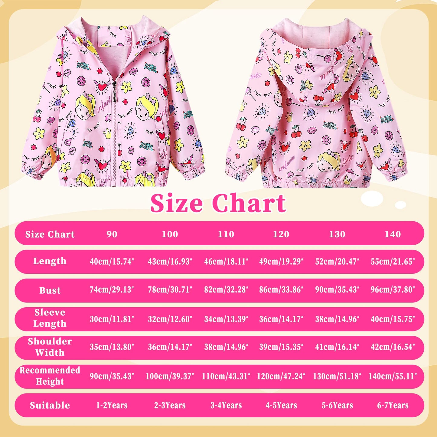 JinBei Jacken Mädchen Jacke Baby Kinder Kapuzen Sweatjacke Kapuzenjacke Cartoon Aufdruck Winddicht Mantel Windjacke Übergangsjack Frühling Herbst Outwear Softshelljacke Regenjacken 1-7 Jahre