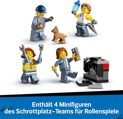 LEGO City Schrottplatz mit Autos - Spielzeug mit Schrottpresse und Kran, 2 Spielzeugautos, 4 Arbeiter Minifiguren & Bürogebäude - Geburtstagsgeschenke für Jungen und Mädchen ab 8 Jahren 60472