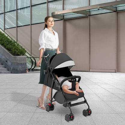 Buggy für Babys, ultraleicht, kompakt, faltbar und neigbar, von Geburt bis 25 kg, mit Trolley-System, Regenschutz inklusive, ausziehbarer Haube, C-schwarz