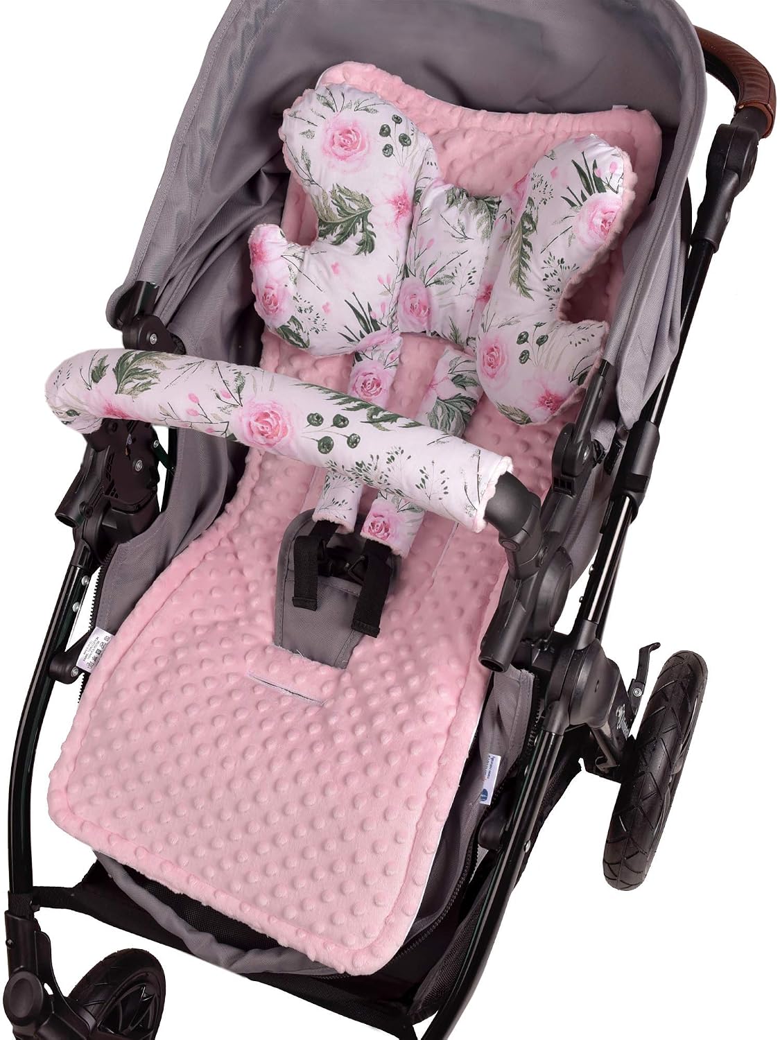 Sitzauflage Kinderwagen Buggy Baby Sommer Kindersitz Einlage Universal - 5tgl Gurtpolster + Spielbogen Kinderwagenset Babyschale (Safari mit beige Minky)
