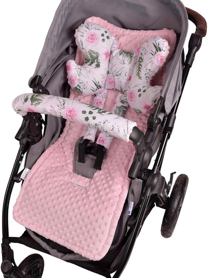 Sitzauflage Kinderwagen Buggy Baby Sommer Kindersitz Einlage Universal - 5tgl Gurtpolster + Spielbogen Kinderwagenset Babyschale (Safari mit beige Minky)