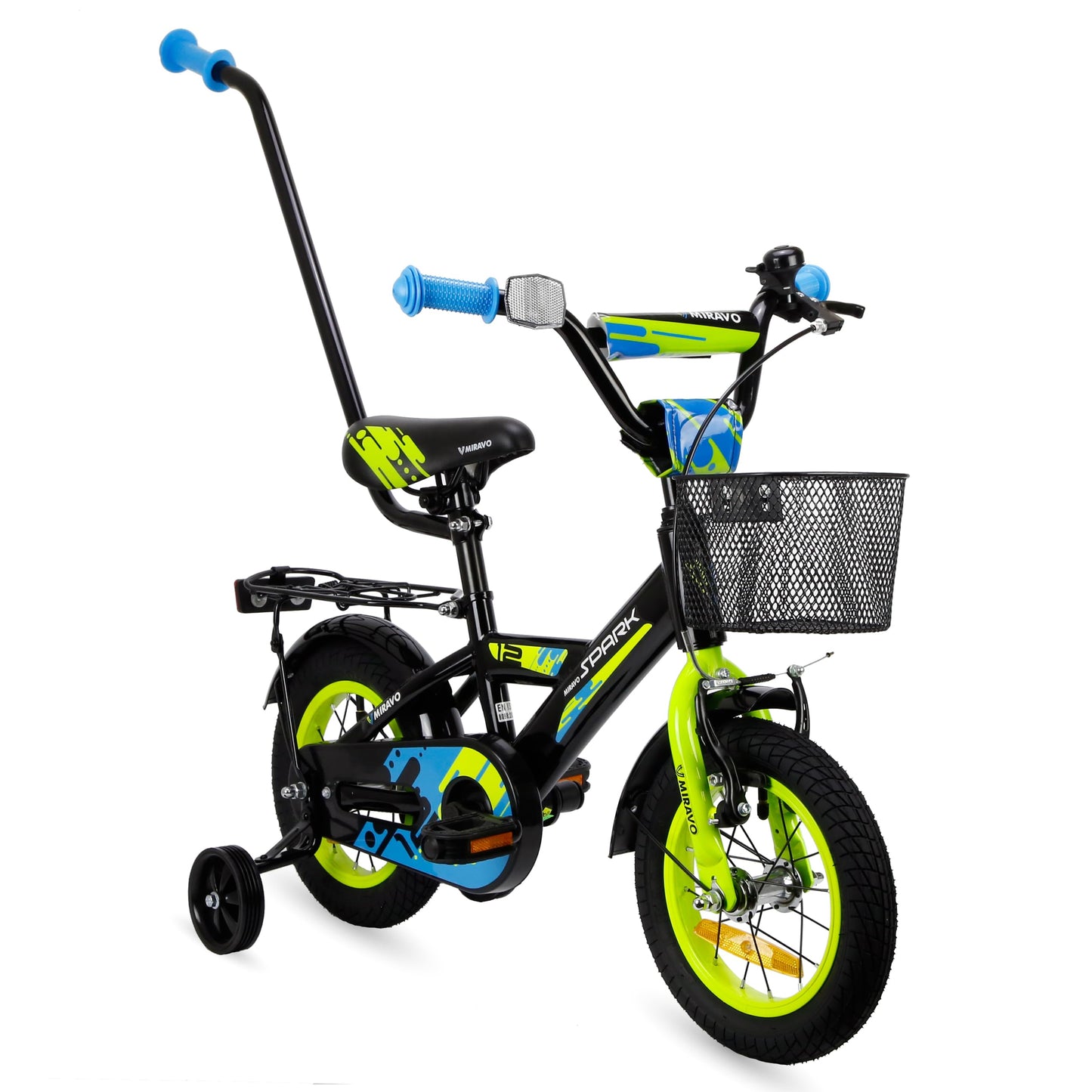 MIRAVO Kinderfahrrad Fahrrad Kinder Ab 2 Bis 8 Jahre Mit Stützrädern Schubstange V-Brake Bremsen Rückstrahl Aufkleber 12 16 20 Zoll Radgröße Korb Für Junge Spark - Meloni2