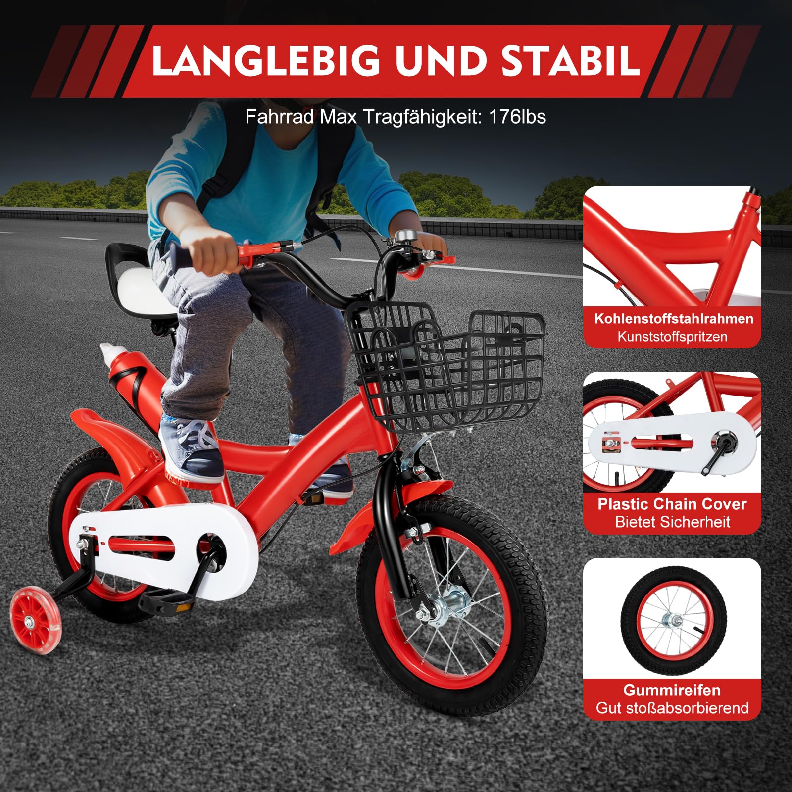 LKHDONG Kinderfahrrad 12 Zoll, Kinderrad für ab 2-4 Jahre, Tretfahrrad mit Stützräder und Korb, Kinder Fahrrad Mädchen Jungen, Fahrrad Kinder Höhenverstellbares - Meloni2