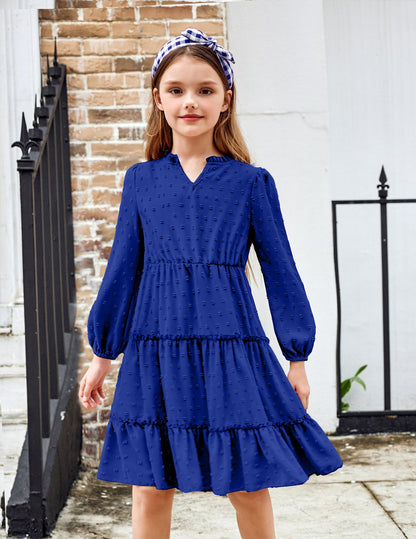 Arshiner Dress Girls Festive Flounce V-Neck Long Sleeve Dress Swiss Dot Chiffon Dress Children Tiered Dress A-Line Party Dress Wedding Princess Dress Swing Skater Dress 5-12 Years 
