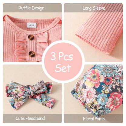 Neugeborenes Baby Mädchen Kleidung Kleinkind Gerippte Rüschen Langarm Strampler + Floral Hosen + Stirnband Nette Herbst Outfit Set