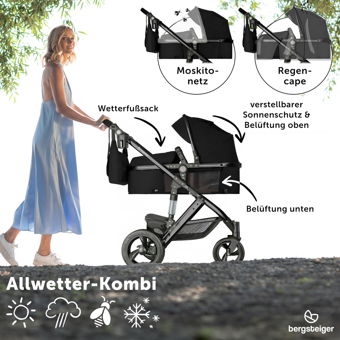 Bergsteiger Nizza 3 in 1 Kinderwagen, Kombikinderwagen Komplettset, Auto-Babyschale & Isofix Station, Babywanne & Buggy Sportsitz inklusive