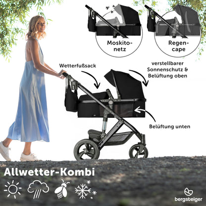 Bergsteiger Nizza 3 in 1 Kinderwagen, Kombikinderwagen Komplettset, Auto-Babyschale & Isofix Station, Babywanne & Buggy Sportsitz inklusive