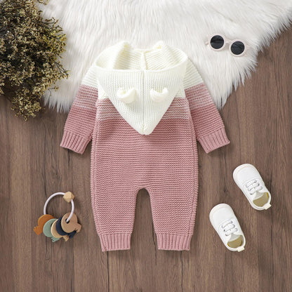 OBEEII Newborn Baby Knitted Romper Jumpsuit with Hood Ear Onesies Pullover Winter Warmer Onesie Bodysuit for Boys Girls