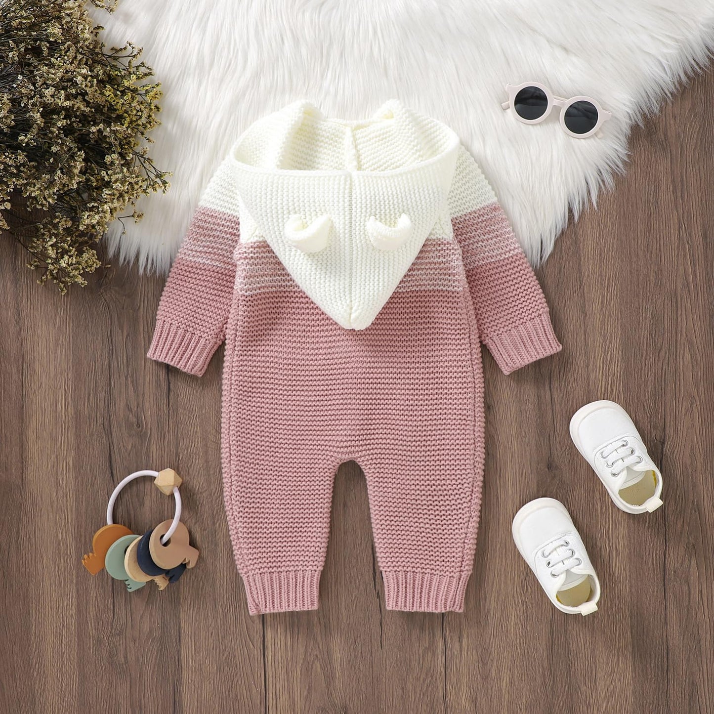 OBEEII Newborn Baby Knitted Romper Jumpsuit with Hood Ear Onesies Pullover Winter Warmer Onesie Bodysuit for Boys Girls