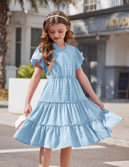 Arshiner Mädchen Kleid Festliches Rüschenärmel Sommerkleider V-Ausschnitt Partykleid Swiss Dot Stufenkleid Kinder A-Linie Swing Kinderkleid mit Tasche 3-12 Jahre