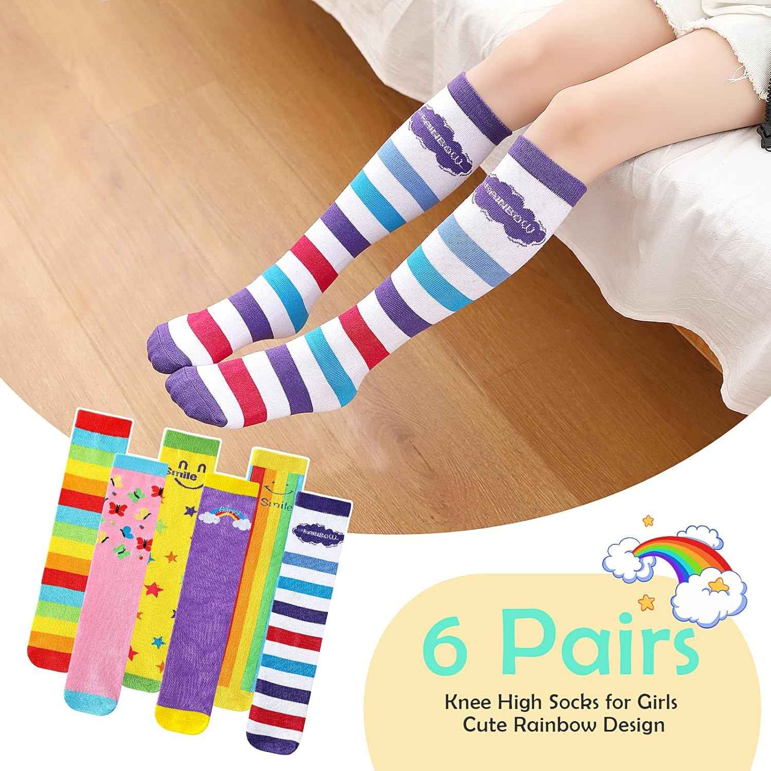 XEPST 6 Pairs Girls Knee Socks - Cartoon Design Warm Cotton Knee Socks Mid-Calf Boots Socks Funny Socks for School Odd Socks Day 3-12 Years Girls One Size Rainbow, rainbow