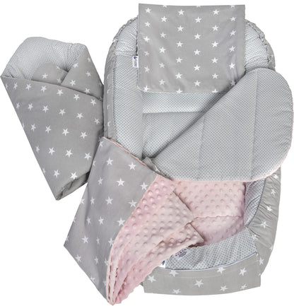 Medi Partners Babynestchen Babynest Set 100x60x15 Kuschelnest 5 teilig herausnehmbarer Einsatz Kokon Nestchen Babys Neugeborene 100% Baumwolle (REH mit Grauem Minky) - Meloni2