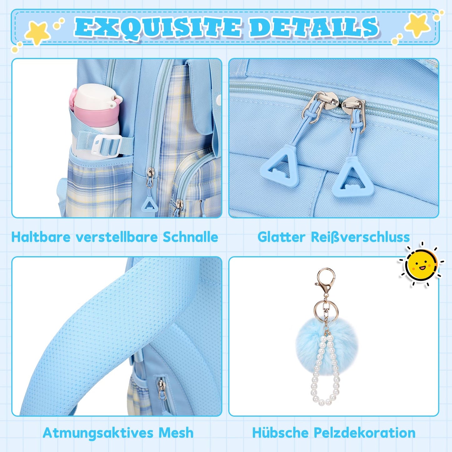 Rucksack mädchen 22L ergonomisch mit reflektierenden Streifen | Wasserdichtes Karogewebe, atmungsaktives 3D-Rückenpolster, zahlreiche getrennte Fächer, passend für 15,6-Zoll-Laptops