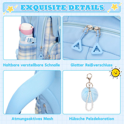 Rucksack mädchen 22L ergonomisch mit reflektierenden Streifen | Wasserdichtes Karogewebe, atmungsaktives 3D-Rückenpolster, zahlreiche getrennte Fächer, passend für 15,6-Zoll-Laptops