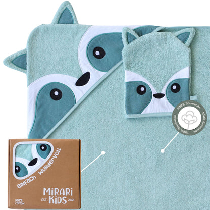 MIRARI Kids Babyhandtuch mit Kapuze und Waschlappen 100x100 cm – Handtuch Rentier aus 100% Baumwolle - REH Badetuch mit Kapuze - Geschenk Geburt - Baby Erstausstattung Neugeborenen Set