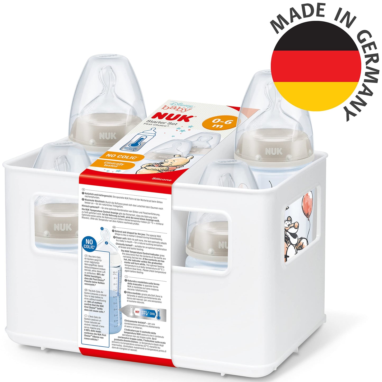 NUK First Choice+ Babyflaschen Starter Set | 0–6 Monate | 4 Flaschen mit Temperature Control & Flaschenbox | Anti-Colic Air System | BPA-frei | Disney Winnie Puuh - Meloni2