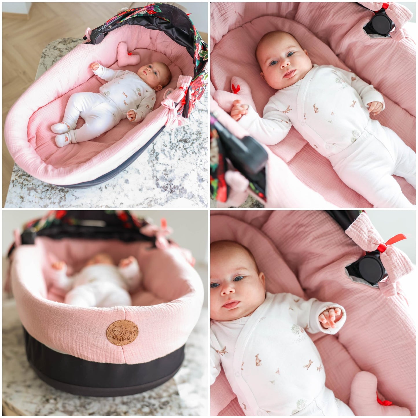 Stubenwagen Umrandung aus Musselin Baumwolle – Nestchen für Babywanne Kinderwagen und Buggy Atmungsaktiv – Schonbezug Set 3-teilig mit Kissen und Einlage für Neugeborene Gefieder