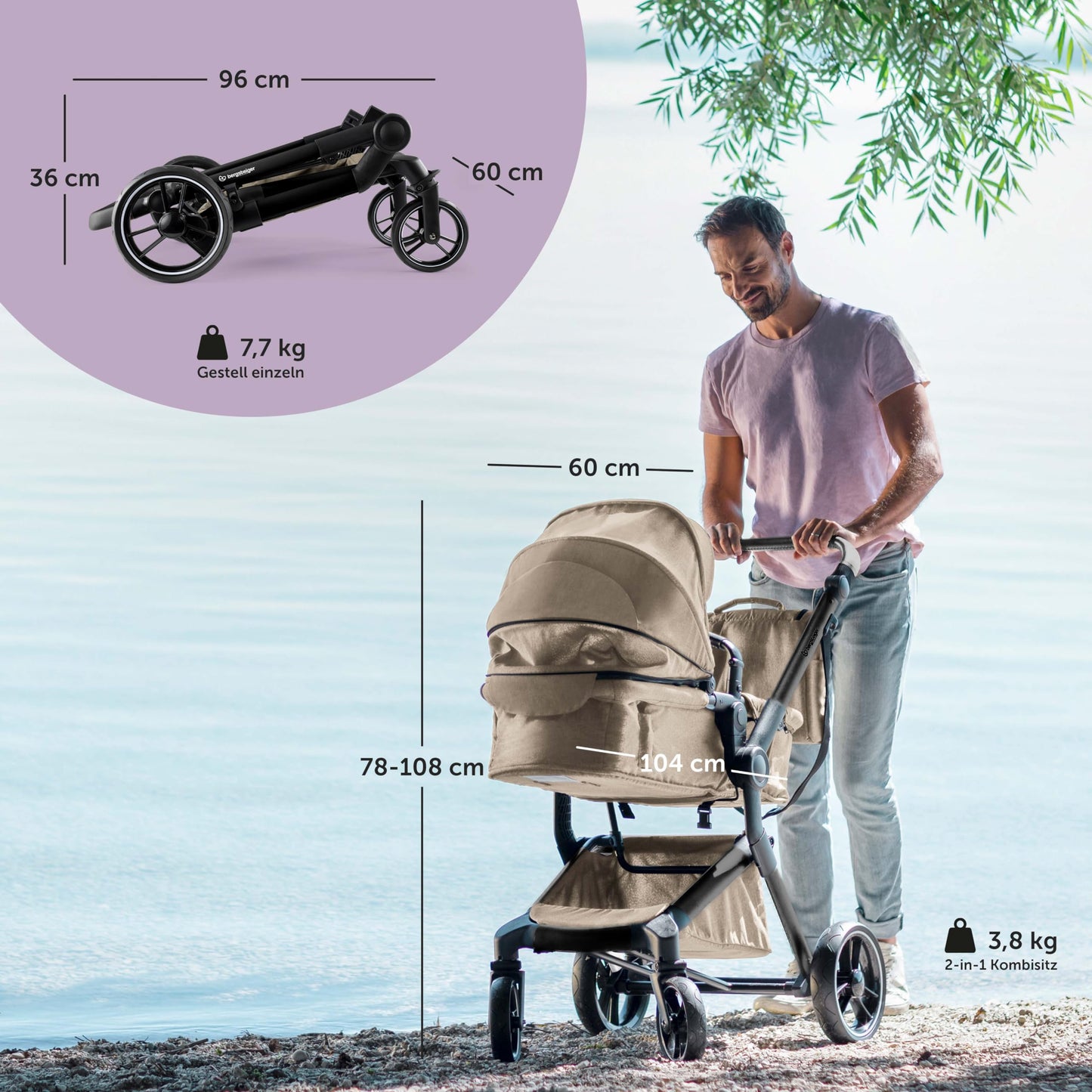 Bergsteiger Lugo 3-in-1 Pushchair Complete Set Including Accessories - Baby Seat, Buggy Attachment, Sun Protection & Weather Footmuff | Isofix Station Available
