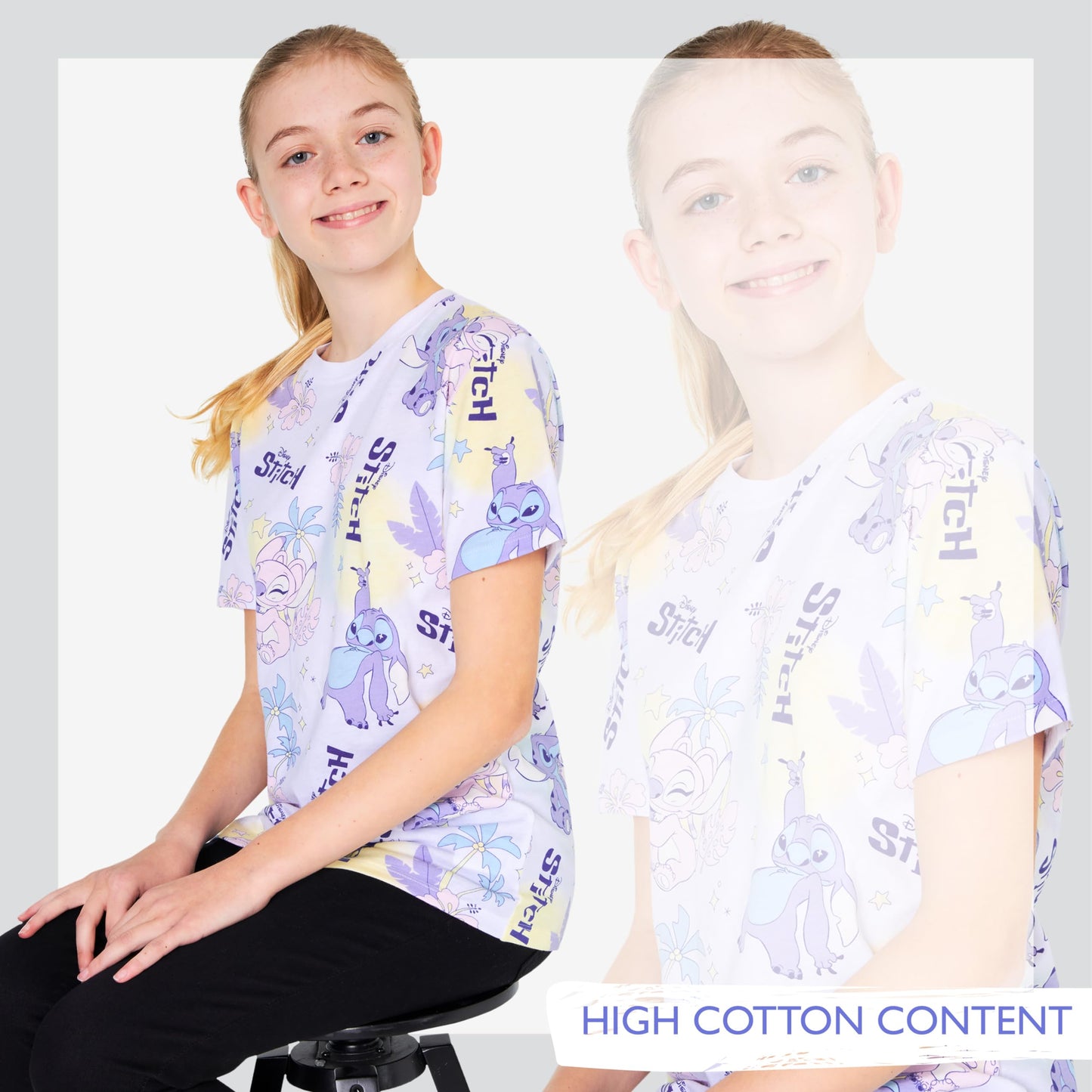Disney Stitch T Shirt Mädchen Teenagers mit Rundhalsausschnitt 2er Pack Farbenfrohe T-Shirt Kinder Set Geschenke für Mädchen